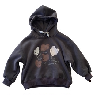 【中童100-150码】小熊印花连帽卫衣男童秋冬韩版加绒连帽衫女童