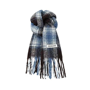 韩版马海毛格子围巾女冬海盐奶咖蓝色加厚氛围感保暖学生披肩围脖