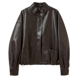 三彩2026春季新款立领长袖PU皮外套夹克拉链开衫复古宽松休闲M