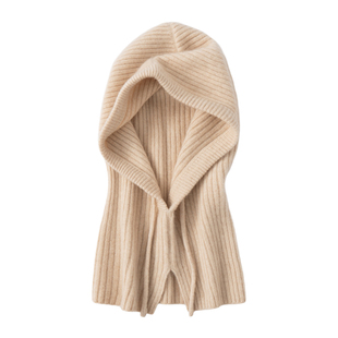 氛围感~秋冬新款山羊绒抽条围巾帽一体女保暖护耳连帽针织毛线帽