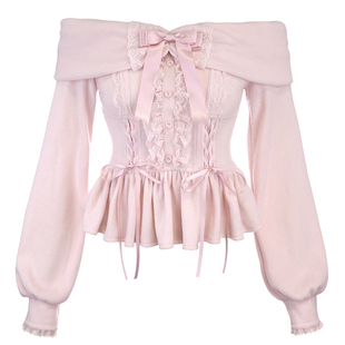 莉摩Bobon21古早奈奈 一字领绑带蝴蝶结拉肩针织衫T2423