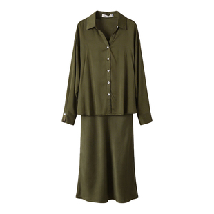 深绿色衬衫套装女2026年春季新款法式巨好看的早春半身裙两件套