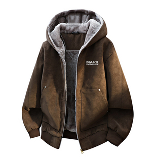 马克华菲连帽麂皮绒外套男士冬季加绒加厚皮衣男款美式大码棉衣