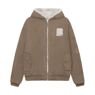 BIPOLAR贴布双面穿毛领连帽棉服设计感毛绒外套上衣男女宽松夹克