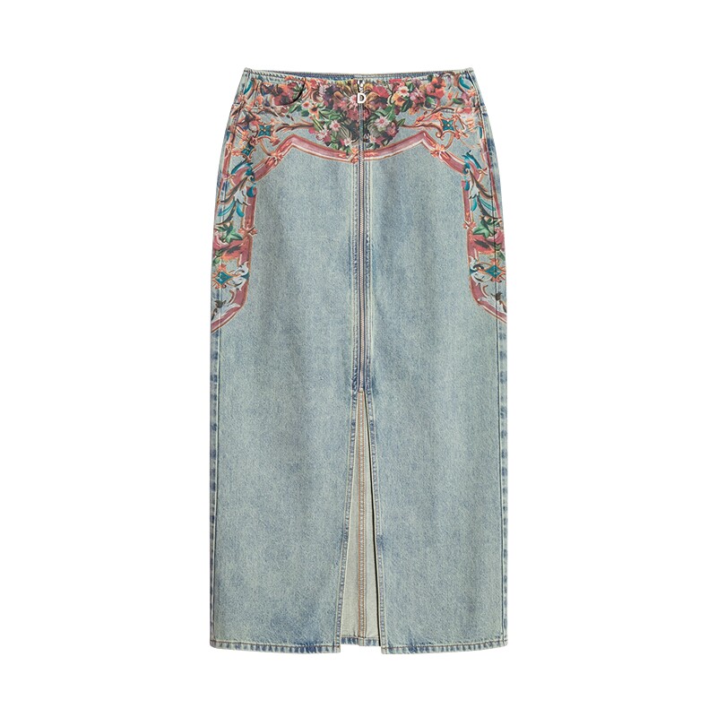 Desigual26秋冬新品修身复古花卉边框印花牛仔半身裙
