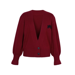 XG/雪歌XK111023A113 红色无领宽松针织衫通勤显白长袖开衫毛衣女