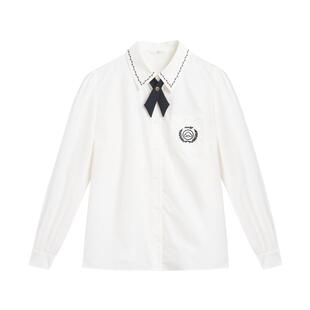 紫涵领结刺绣长袖衬衫女春秋季新款甜美学院风白色内搭翻领衬衣潮