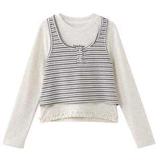 女大童条纹背心长袖两件套2026春装新款学生韩版洋气叠穿上衣套装