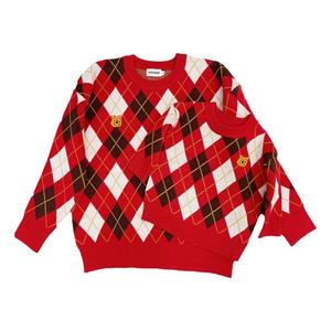新年2024拜年服亲子装红色菱格毛衣秋冬装一家三口四口全家福过年