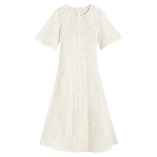 bash春季法式优雅米白镂空透视连衣裙女圆领短袖宽松长裙1H25MOOD