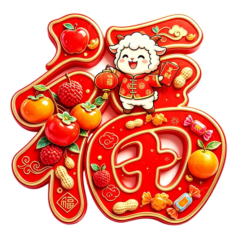 国潮福字小羊墙贴水果花生糖果红包羊年新年喜庆防水自粘装饰贴纸