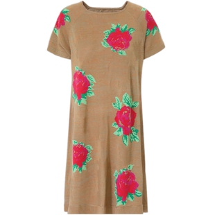 阁兰秀卡其色玫瑰提花针织连衣裙短袖圆领套头洋气A字裙中长款夏