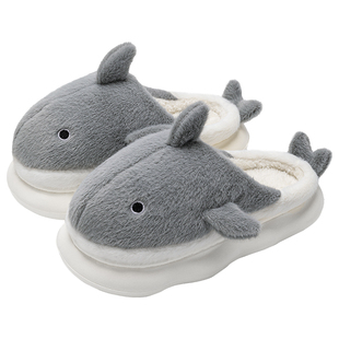 鲨鱼棉拖鞋男士冬季室内家居2026新款防滑加绒厚底保暖毛拖鞋男款