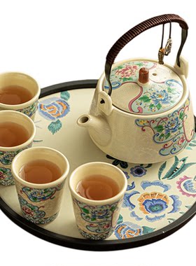 亮光黄银丝牡丹提梁壶一壶四杯