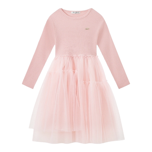 百丽女童连衣裙秋冬儿童针织公主裙网纱裙子中大童时尚拼接款长裙