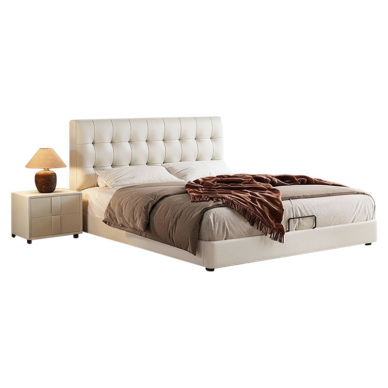 政府补贴奶油风华夫格真皮床主卧现代简约双人床储物双人软包婚床