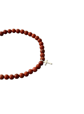 WANGWANG单银饰十字花十字架4MM黑玛瑙绿松石925纯银串珠情侣手链