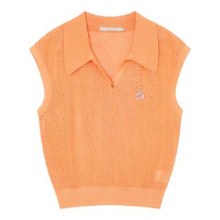 飘蕾橘黄色毛衣夏季新款女装复古透气翻领设计感短袖小众上衣