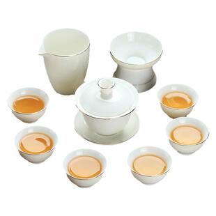 羊脂玉白瓷功夫茶具套装家用轻奢陶瓷盖碗茶杯中式复古大号泡茶碗