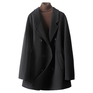 双面羊毛大衣女中长款双排扣黑色宽松呢子冬秋新款高端毛呢外套女