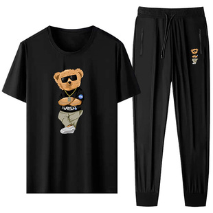 300斤胖人超薄款冰丝运动套装男夏季宽松大码短袖T恤休闲长裤一套