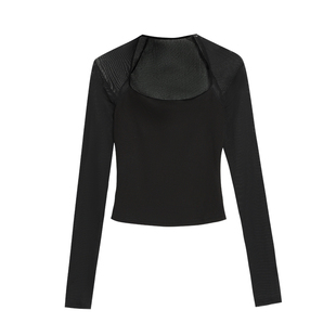 MULVAN【现货7折】 黑色方领长袖t恤女短款修身设计感网纱上衣