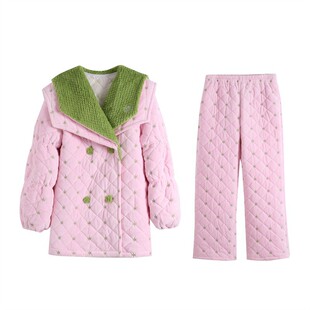 冬季三层夹棉加厚睡衣女毛绒大翻领洋气时尚加绒可外穿家居服套装