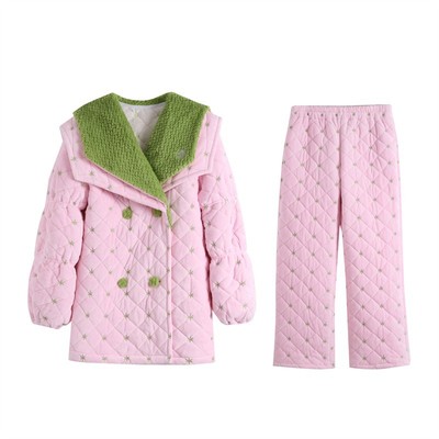 冬装三层夹棉加厚中长款睡衣女毛绒大翻领洋气时尚加绒外穿家居服