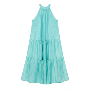 法式薄荷绿2025挂脖连衣裙高级感蓝色白吊带女三亚海边沙滩度假裙