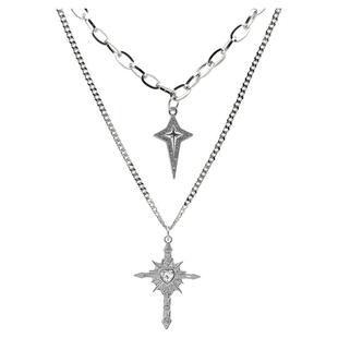 水钻十字架项链吊坠饰品钛钢个性蛇骨短款双层叠加链男女气质潮酷