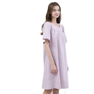 美标睡衣女款【纯棉】夏梭织全棉法式方领短袖睡裙裤家居服紫