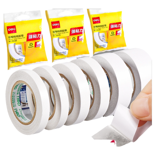 得力双面胶两面双面胶带批发固定强力薄透明不易留痕高粘度幼儿园学生用手工棉纸宽双面胶文具小卷芯独立包装