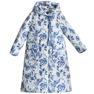 【冬日玫瑰】原创连帽长款羽绒服女冬季保暖白鸭绒好看印花厚外套