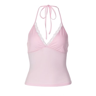 性感蕾丝拼接V领挂脖吊带背心2026夏季新款辣妹修身显瘦短款T恤潮