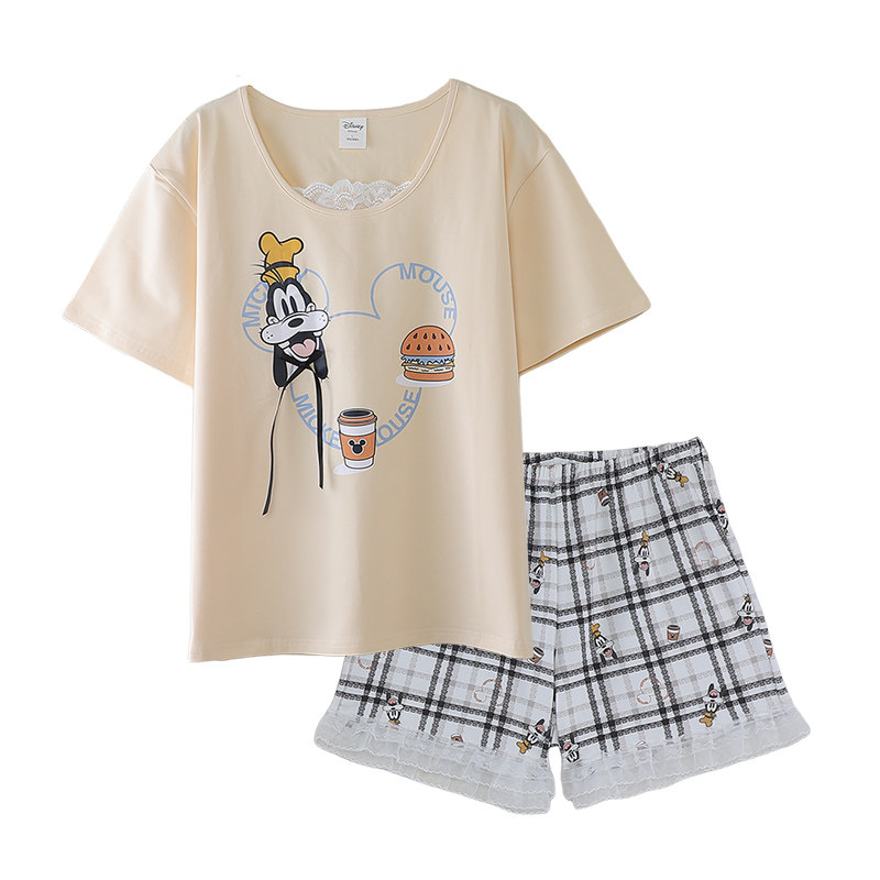 Disney迪士尼夏季新款短袖短裤纯棉带胸垫卡通格子外穿家居服0330
