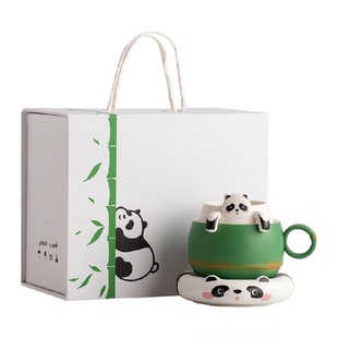 兮元记熊猫茶水分离泡茶杯女士专用高颜值办公室水杯陶瓷咖啡杯子