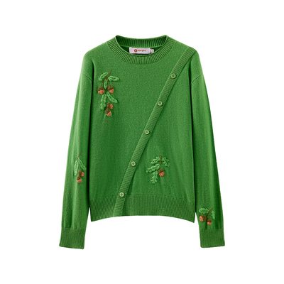 皮皮狗25秋季新款圆领绣花羊绒衫