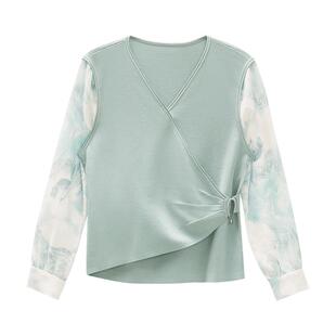 YINER音儿女装春季法式优雅莱赛尔蚕丝假两件针织衫