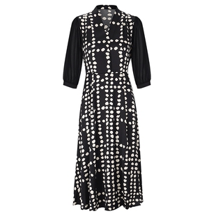 马天奴2025夏季新款黑色印花波点连衣裙子拼接收腰系带法式气质女