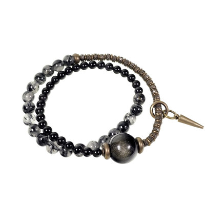 曲尾花黑曜石黑发晶原创设计手链