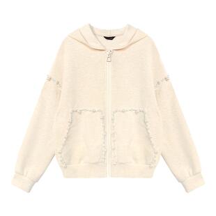 FLONAKED 25新款女士珍珠织带宽松连帽开衫卫衣外套银泰 300170