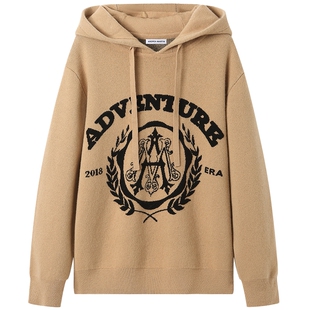 ANDREA MARTIN 秋季新款复古logo字母图案百搭连帽针织羊毛卫衣