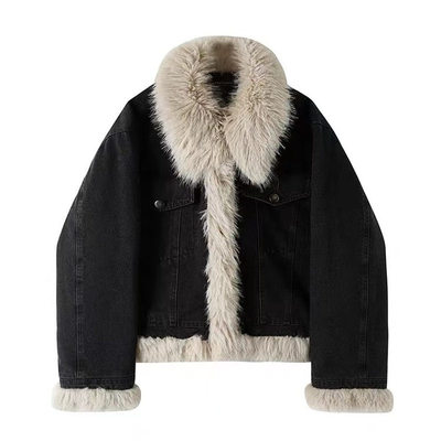 李李服饰羊羔绒外套女2025冬季新款牛仔拼接毛毛领高级感上衣