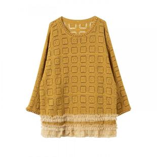 宝诗黎中长款钉珠镂空毛衣2026早春韩系气质时尚百搭宽松大码女装