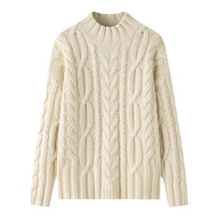 内蒙古发货3股复古绞花女宽松100加厚白色山羊绒半高领套头毛衣