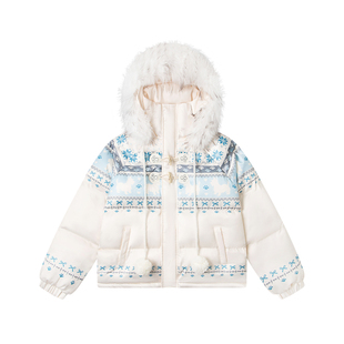 SREK冬季新款费尔岛风毛领连帽棉服女冬季印花保暖宽松面包服外套