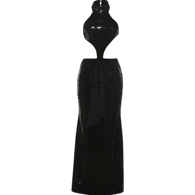 重工亮片bling镂空挂脖连衣裙女