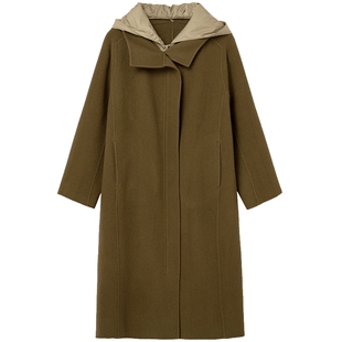 布景羊毛大衣女中长款双面呢冬季新品假两件连帽设计毛呢外套1752