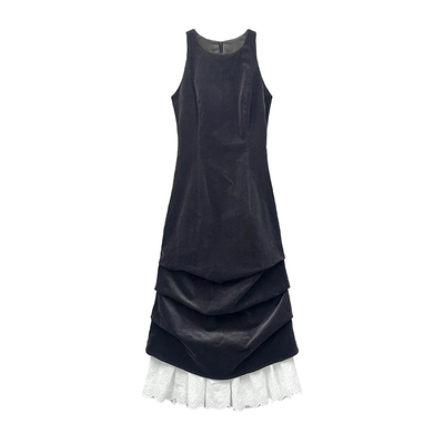 Domremy十五 【雾色蕾丝】秋冬气质绒感收腰宫廷风无袖长款连衣裙