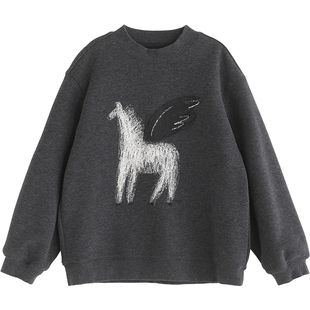 NNGZ冬季女童马年印花加绒卫衣亲肤保暖儿童套头衫童装百搭上衣